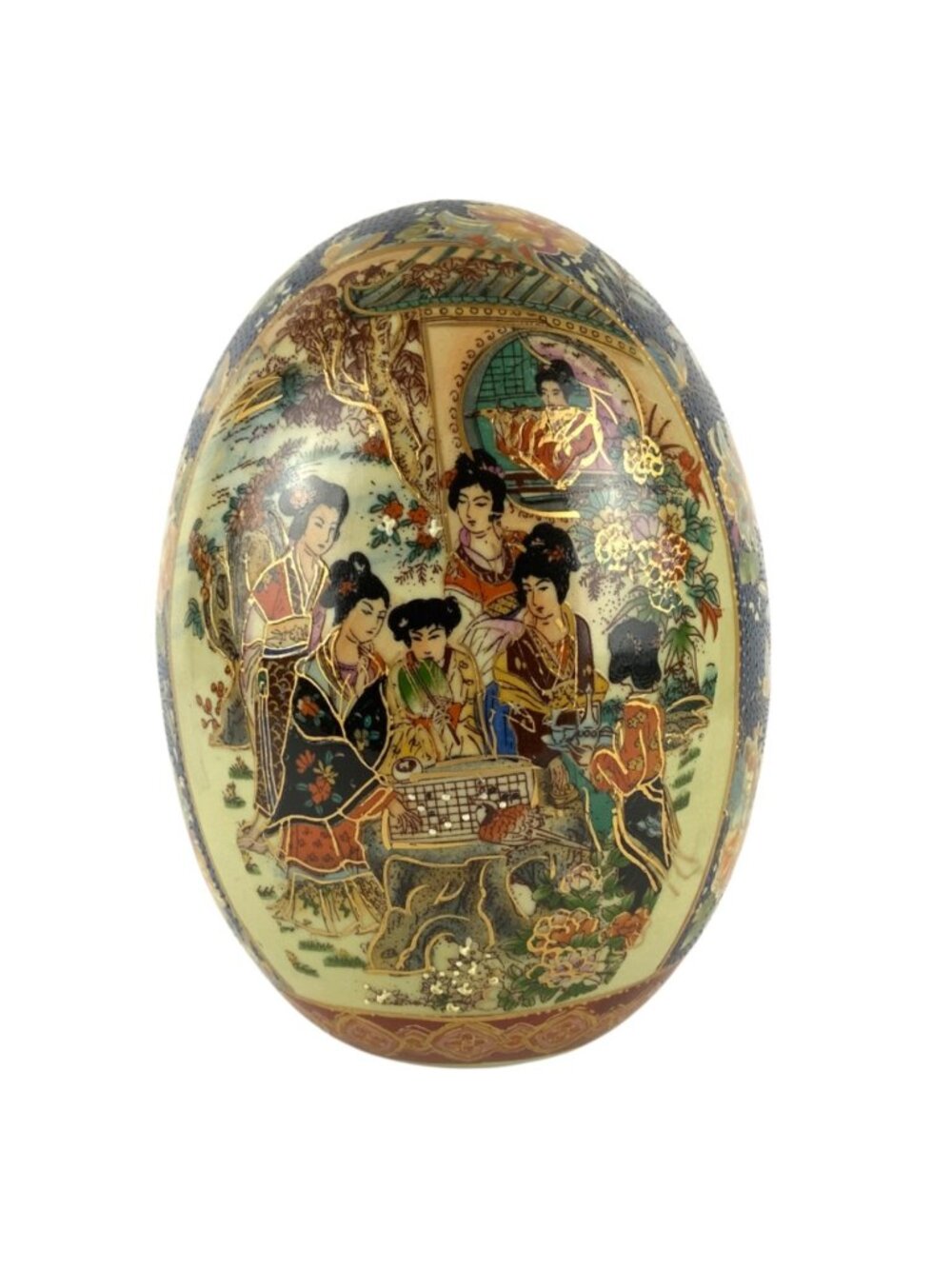 Large Chinese Ceramic Decorative Egg 9 inch Hand Painted Asian Women Floral Gold